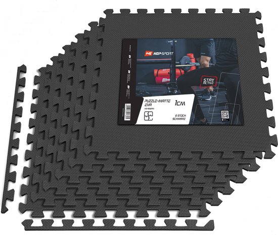 Hop-Sport Puzzelmat, set van 6, onderlegmat voor fitnessapparaten als antislip vloerbescherming, afmetingen 60 x 60 x 1 cm, Zwart