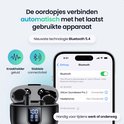 Oordopjes in een zwart doosje, verbonden met een iPhone via Bluetooth 5.4.
