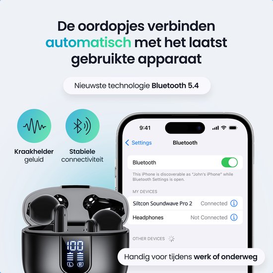 Oordopjes in een zwart doosje, verbonden met een iPhone via Bluetooth 5.4.