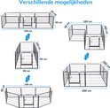 Afmetingen van verschillende opstellingen voor een zwarte puppyren met 8 panelen.