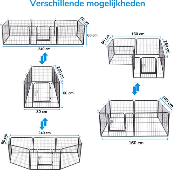 Afmetingen van verschillende opstellingen voor een zwarte puppyren met 8 panelen.