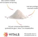 Berg wit creatinepoeder met productinformatie, waaronder 'zeer zuivere creatine van Europese oorsprong'.