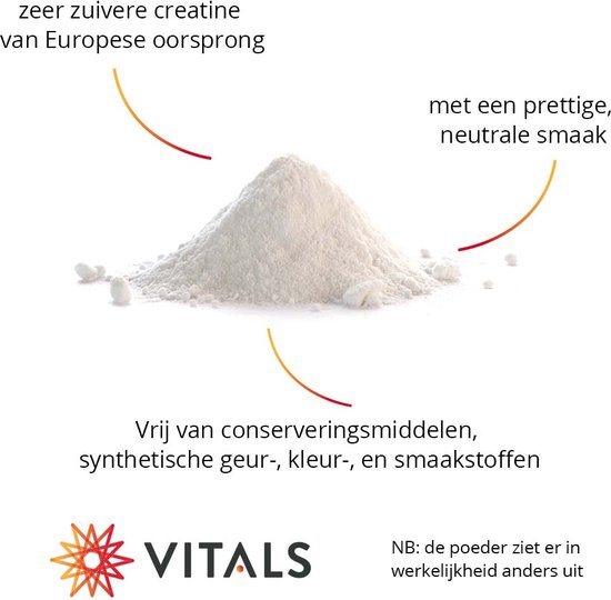 Berg wit creatinepoeder met productinformatie, waaronder 'zeer zuivere creatine van Europese oorsprong'.