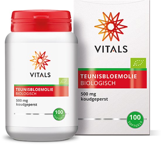 Witte pot met rode dop en doosje ernaast, beide met Vitals logo en "Teunisbloemolie Biologisch 500 mg koudgeperst". Groene cirkel met "100 SOFTGELS".