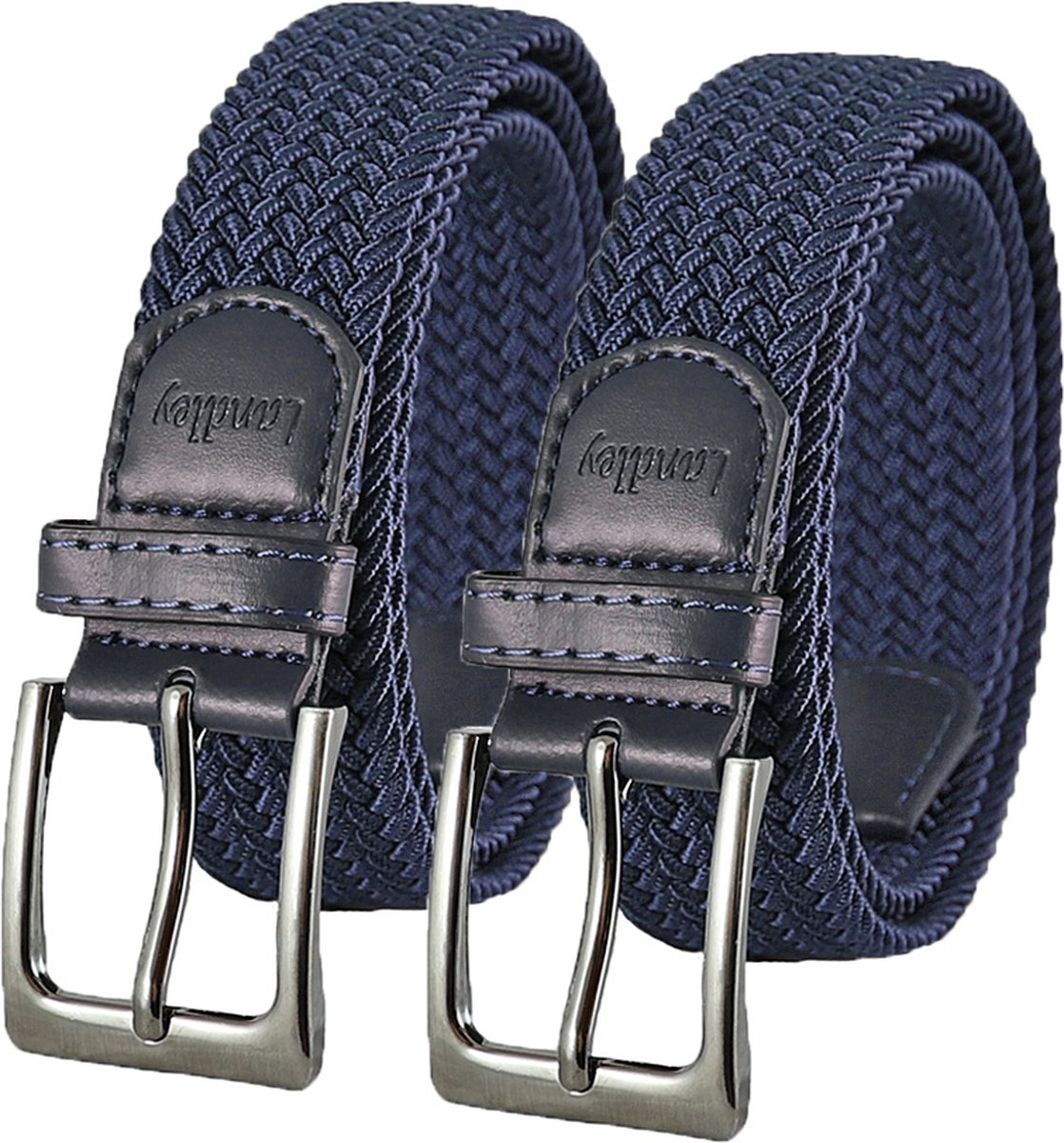 Landley Elastische Gevlochten Stretch Riemen Duopack - Voordeelset met 2 riemen - Dames en Heren - Blauw - Lengte totaal 130 cm / Riemmaat 115