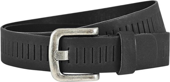 Zwarte leren riem met een vierkante, lichtgrijze gesp.