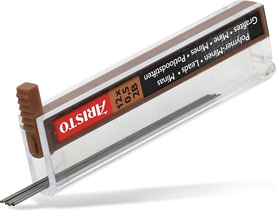 Doorzichtige verpakking met 12 Aristo Hi-Polymer 2B 0,5mm potloodstiften.