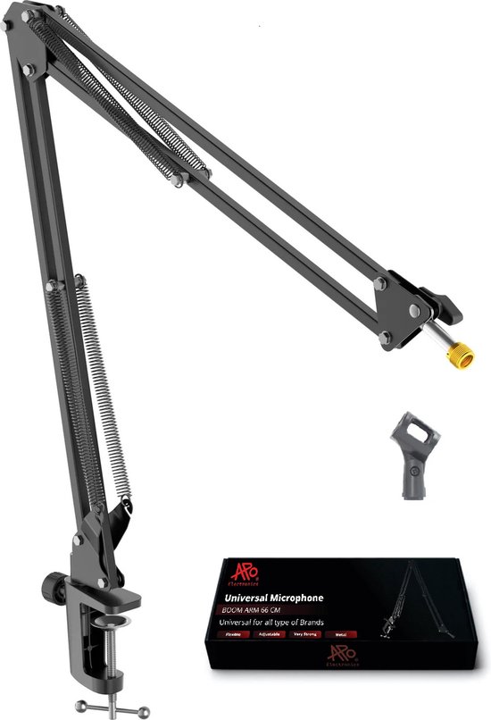 Zwarte microfoonarm met klem en houder in luxe APO Electronics doos.