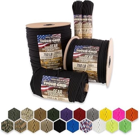 Paracorde TOUGH-GRID PC50 340 kg - 100 % nylon, spécification militaire de type IV - Convient pour l'armée, le camping, les hamacs et les urgences - Zwart