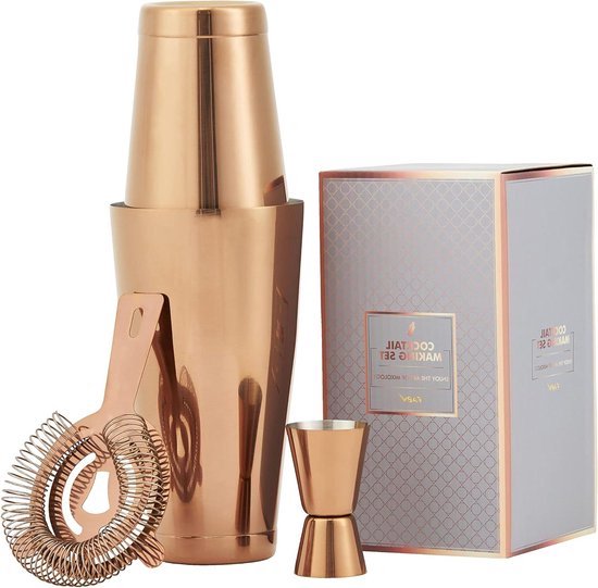 Jettory Boston Shaker Set - 16-delig Cocktail Set van Roestvrij Staal met Acryl Standaard, Barsieb, Eiszange, Barlöffel, Maatbeker, Stößel, Flaschenausgiezer & Cocktail Picks (roségoud