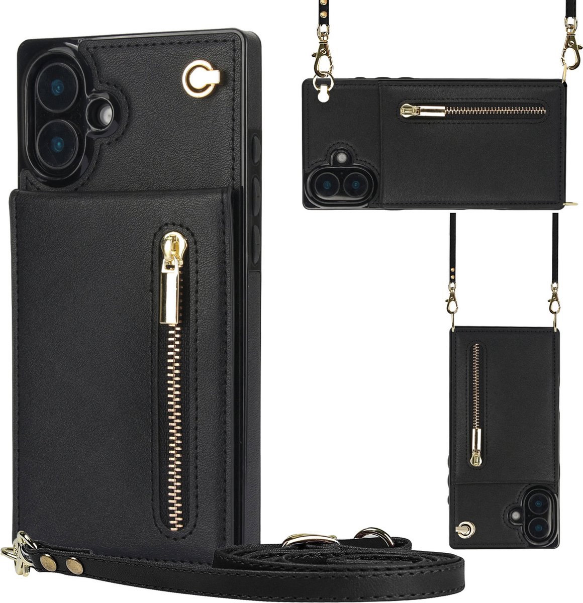 Multimedia & Accessoires Stijlvolle Leren Fashion Backcover Case Hoesje met Koord, Stand Ritsvak en Pasjeshouders geschikt voor Apple iPhone 16 - Zwart