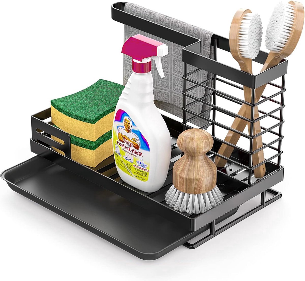 Homesy Gootsteen organizer - Vaatdoekhouder Organizer - Aanrecht en Keuken Organiser - Theedoekhouder - Zwart - 24.8x14.7x14.5