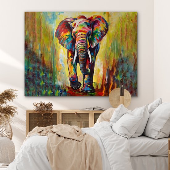 Aluminium schilderij 160x120 cm - Wanddecoratie metaal - Olifant - Kunst - Schilderij - Dieren - Regenboog - Metalen muurdecoratie woonkamer - Decoratie industrieel - Foto op dibond - Industriële accessoires slaapkamer