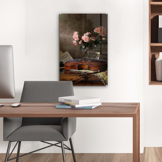 MuchoWow® Peinture sur verre 40x60 cm - Peinture sur verre acrylique - Violon - Roses - Rose - Fleurs - Nature morte - Photo sur verre - Décoration murale salon - Décoration murale chambre - Peintures