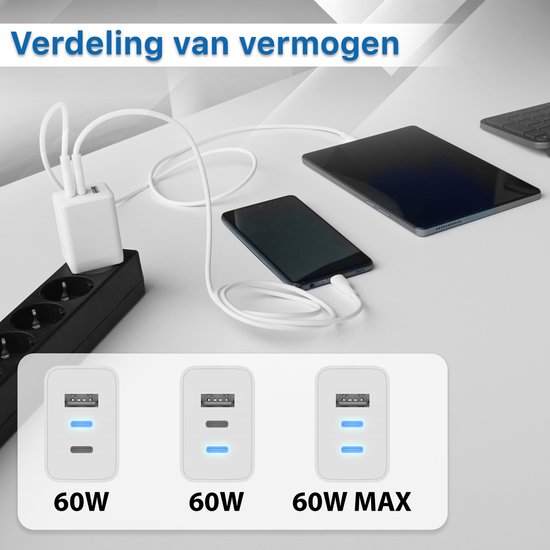 Chargeur USB C 65 W avec 3 Portes (2x USB-C, 1x USB-A) – Comprenant 2x Câbles USB C de 3 mètres – Adaptateur Super Rapide