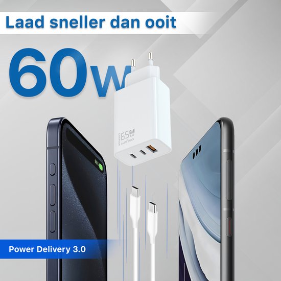 Chargeur USB C 65 W avec 3 Portes (2x USB-C, 1x USB-A) – Comprenant 2x Câbles USB C de 3 mètres – Adaptateur Super Rapide