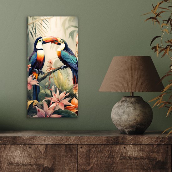 Décoration murale Métal - Peinture Aluminium Industriel - Toucan - Vogels - Fleurs - Nature - Jungle - 20x40 cm - Dibond - Photo sur aluminium - Décoration murale industrielle - Pour le salon/chambre