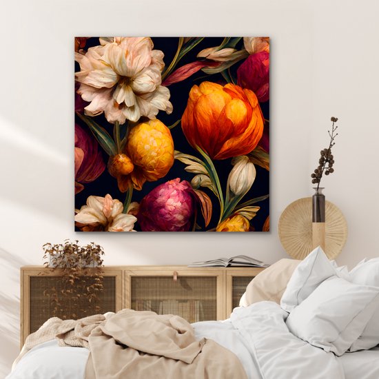 Décoration murale Métal - Peinture Aluminium Industriel - Fleurs - Plantes - Couleurs - Wit - 90x90 cm - Dibond - Photo sur aluminium - Décoration murale industrielle - Pour le salon/chambre