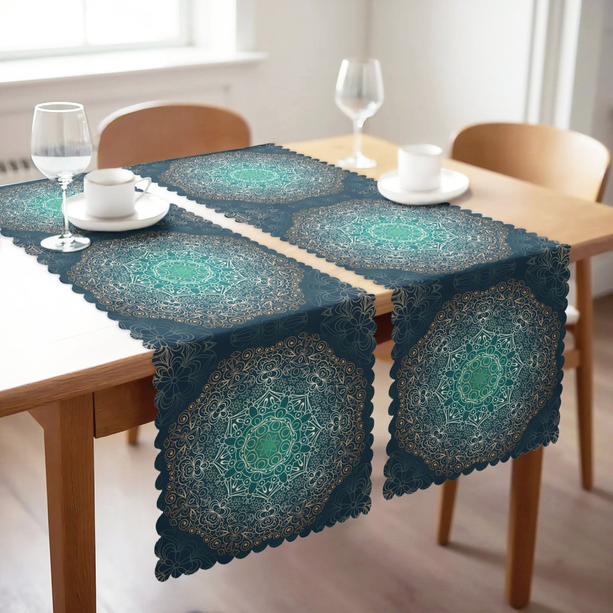 Bedrukt Velvet textiel Tafelloper set van 2 - 45x140 - Gold mandala op donkerblauw
