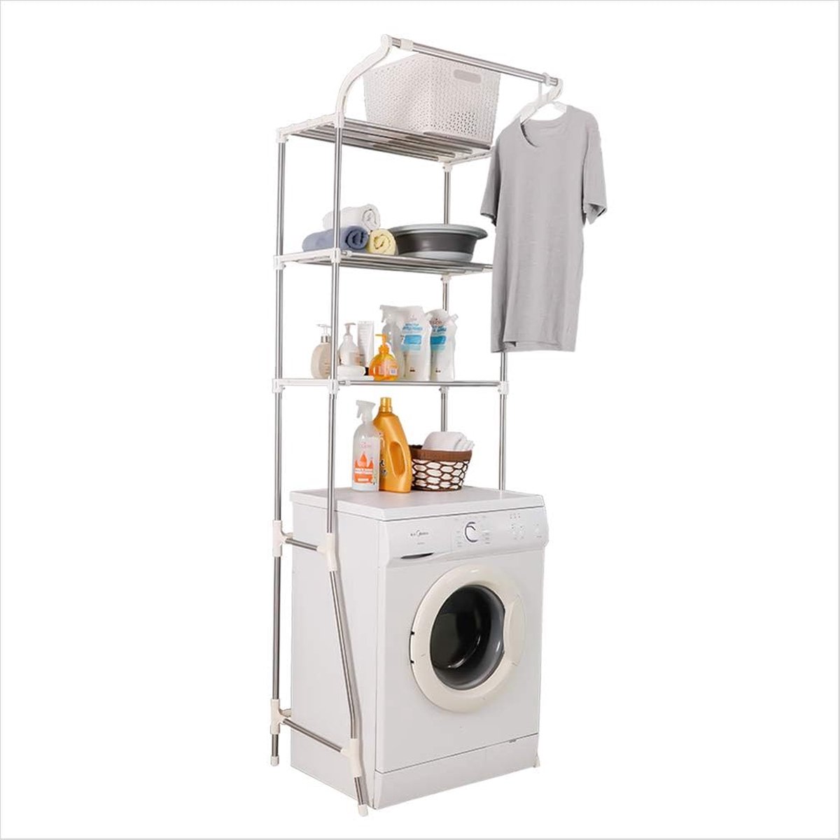 3-Laags Wasruimte Rek Boven Toilet/Wasmachine - Opslagrek voor Badkamer - Verstelbare Ruimtebesparende Planken met Kleding Hangstang - Ivoor - Badkamer Organizer Stand - Multifunctioneel Plankenrek voor Wasruimte