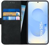 Étui en Cuir véritable Rosso Deluxe adapté au Samsung Galaxy S25 Plus | Espace pour trois cartes | Étui portefeuille | Avec porte-cartes | Noir