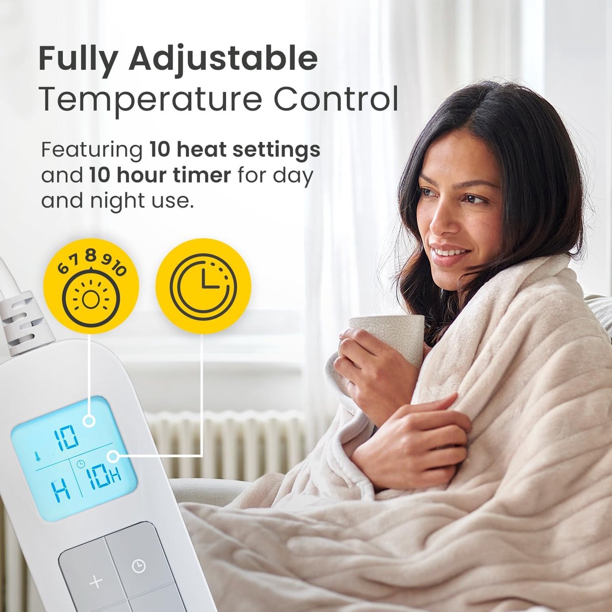 Cosi Home – Elektrische Deken – Luxe Zachte Fleece - 180 x 130 cm Warmtedeken met 10 Warmtestanden, 10-Uurs Timer en Oververhittingsbeveiliging – Machinewasbaar – Beige – foto 8