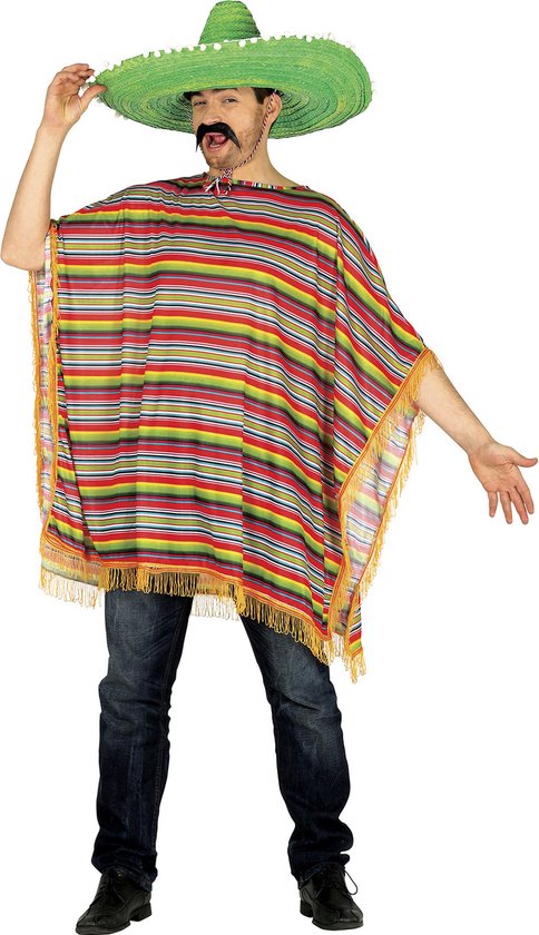 Man met een gestreepte poncho en een grote groene sombrero.