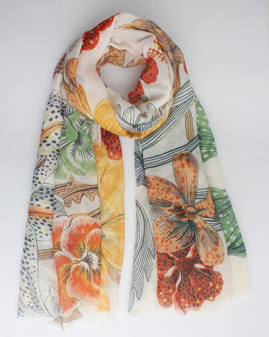 Flower scarf- Accessories Junkie Amsterdam- Dames- Lange sjaal- Katoen- Lente zomer- Bloem print- Groen oranje geel wit