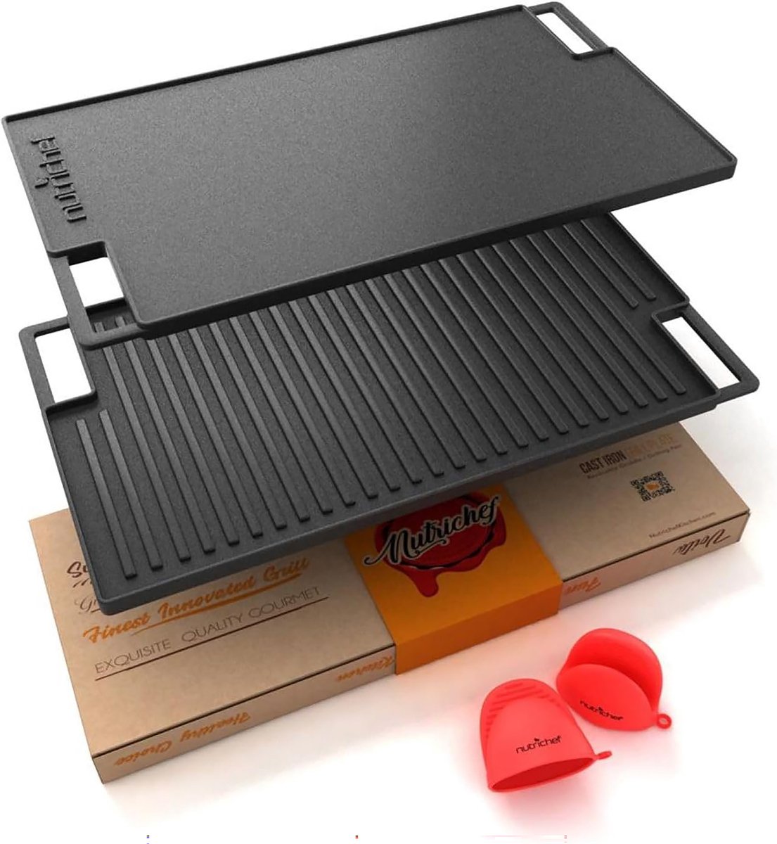 NutriChef Grillplaat - Gietijzeren Ribbelplaat- Vlakke & Geribbelde Koekenpan-Omkeerbare Grillplaat- Past op Gas, Elektrische en Keramische Fornuizen- Siliconen Ovenwanten