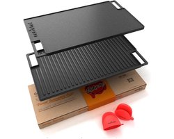 NutriChef Grillplaat - Gietijzeren Ribbelplaat- Vlakke & Geribbelde Koekenpan-Omkeerbare Grillplaat- Past op Gas, Elektrische en Keramische Fornuizen- Siliconen Ovenwanten