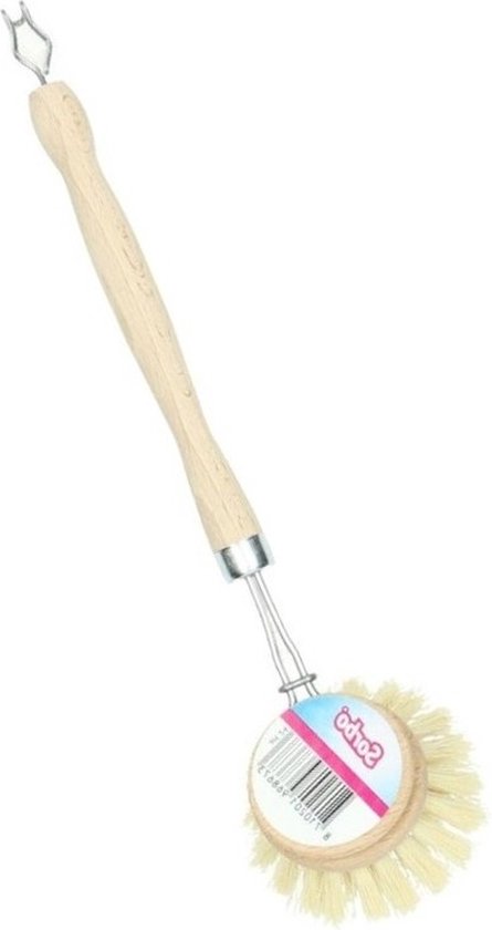 Ronde afwasborstel met houten handvat en witte borstelharen. Logo 'Sorbo' op de borstel.