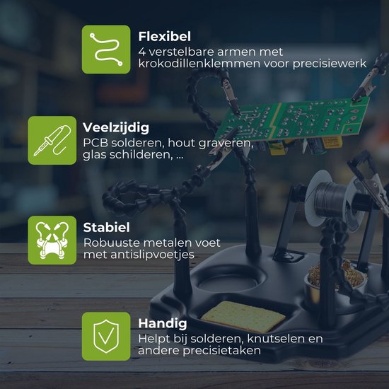 Velleman Handige derde hand tool met 4 armen, soldeertinhouder en diverse toepassingen, PCB solderen, hout graveren, glas beschilderen van Velleman — afbeelding 4