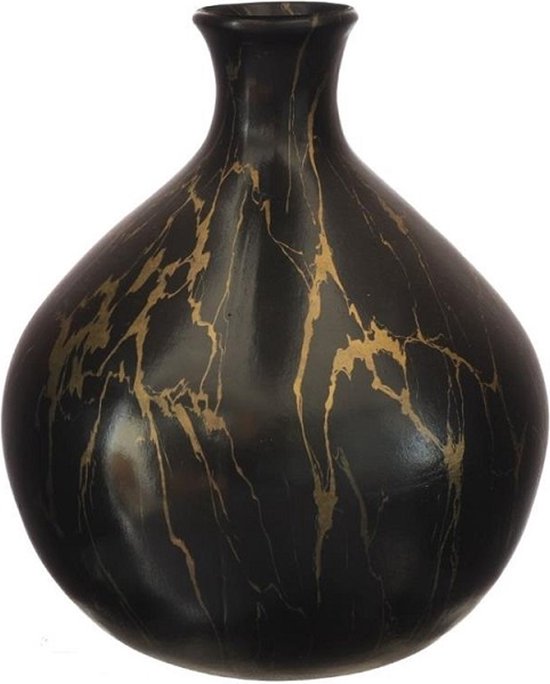 Idea4seasons Vase à Fleurs Dazzle - Aspect Marbre - Zwart/ Or - Céramique - D23 cm x H25 cm - Vase