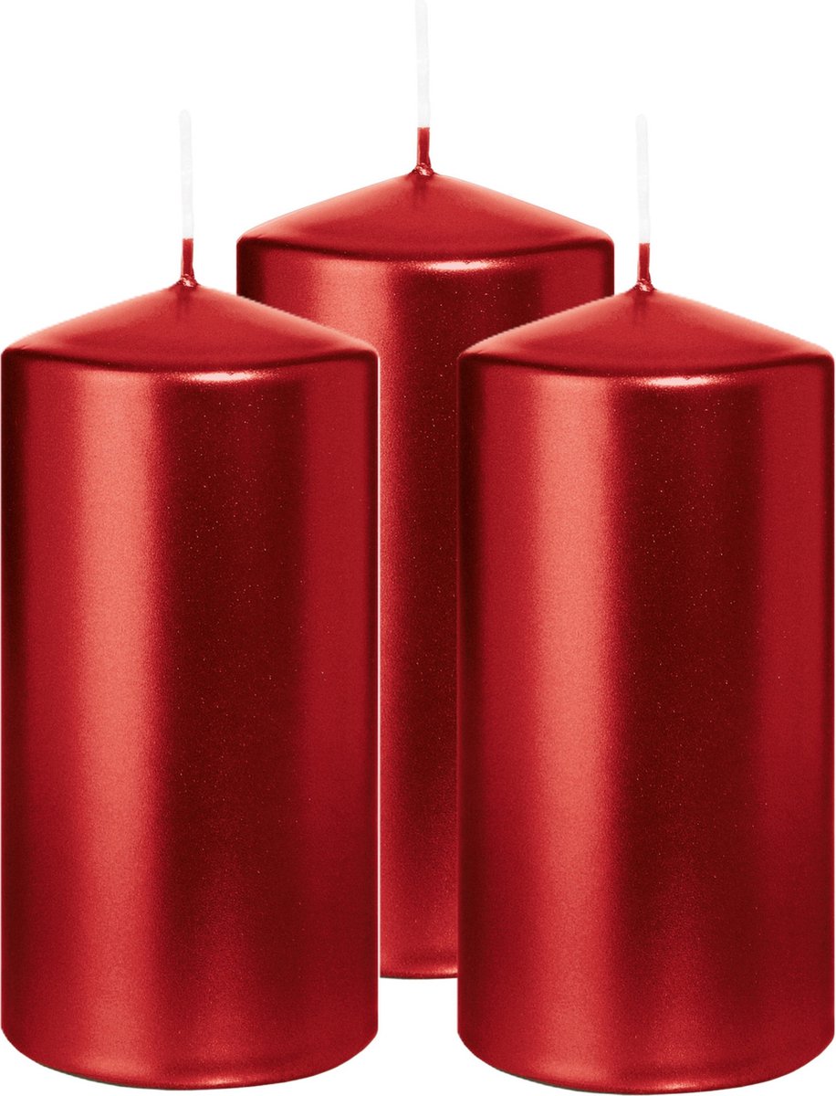 Wiedemann Cilinderkaars/stompkaars - 3x - metallic rood - 12 x 6 cm - 33 branduren - zuilkaarsen Donkerrood