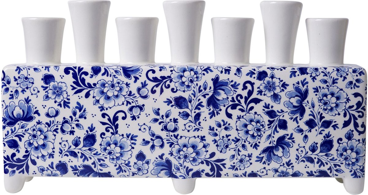 Tulpenvaas - Delfts blauw - Rechthoek - Keramiek - 17 cm - 7 ingangen - Wit/Blauw.
