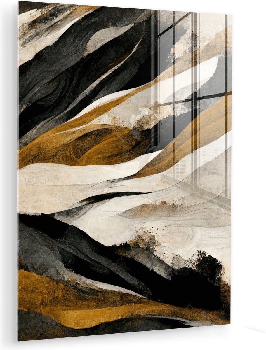 MuchoWow® Glasschilderij 120x160 cm - Schilderij acrylglas - Verf - Landschap - Bruin - Zwart - Foto op glas - Muurdecoratie woonkamer - Wanddecoratie slaapkamer - Schilderijen
