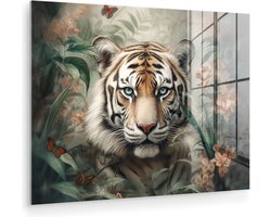 Glasschilderij - Tijger - Bloemen - Blinder - Dieren - Natuur - Glasplaat - Foto op glas - Glasschilderijen woonkamer - Schilderij op glas - 80x60 cm - Muurdecoratie - Wanddecoratie - Slaapkamer - Kamer decoratie