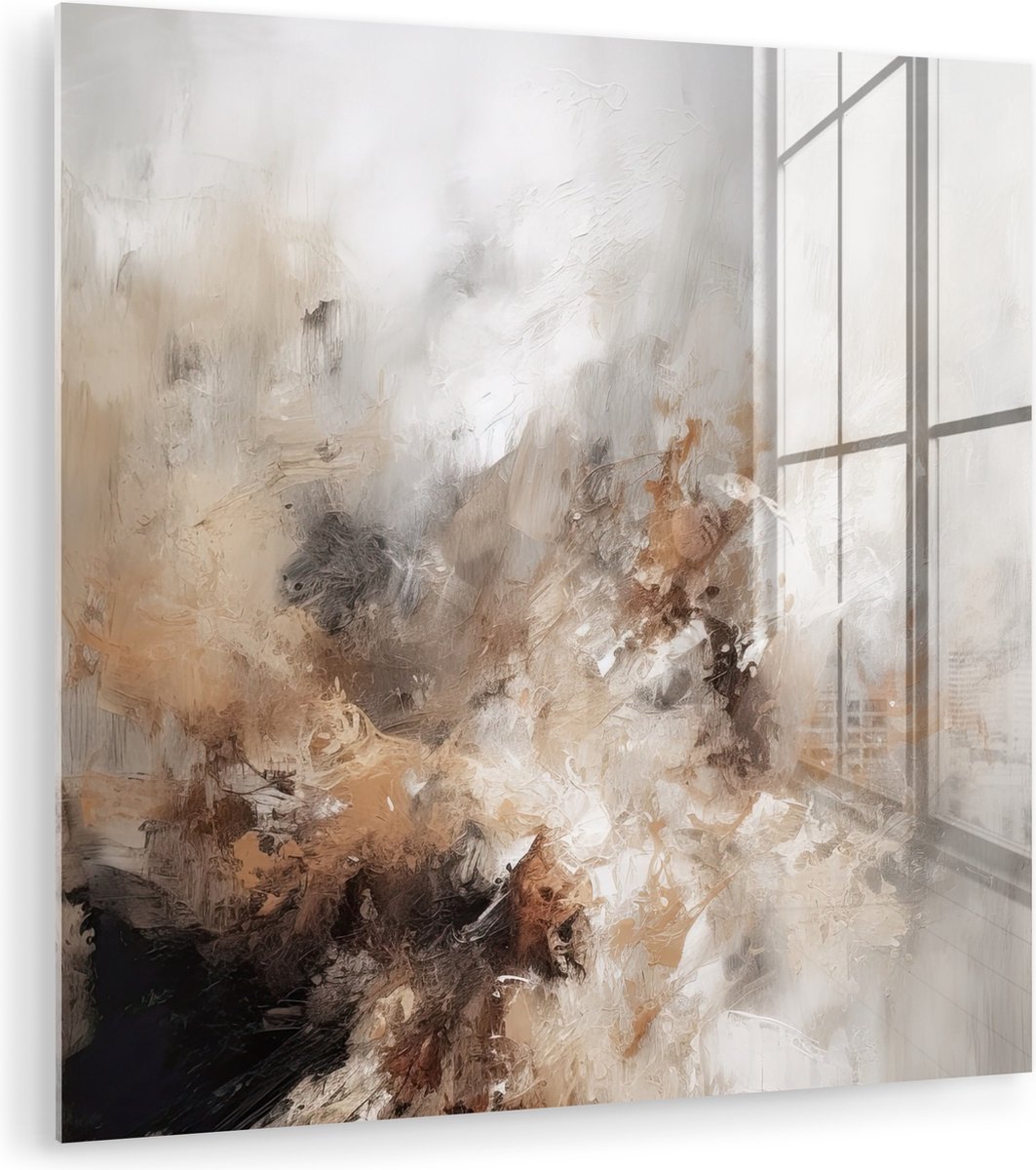 MuchoWow® Glasschilderij 50x50 cm - Schilderij acrylglas - Verf - Abstract - Beige - Kunst