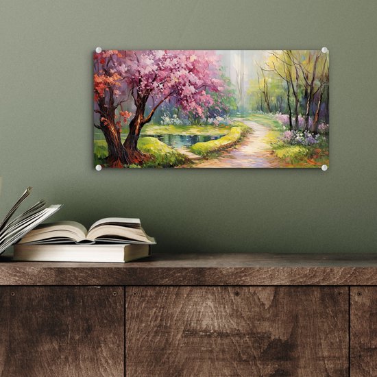 MuchoWow® Glasschilderij 40x20 cm - Schilderij acrylglas - Watercolor - Natuur - Bomen - Kunst - Bloemen - Foto op glas - Muurdecoratie woonkamer - Wanddecoratie slaapkamer - Schilderijen