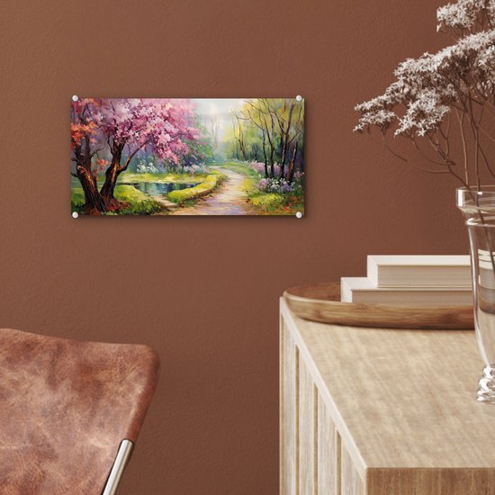 MuchoWow® Glasschilderij 40x20 cm - Schilderij acrylglas - Watercolor - Natuur - Bomen - Kunst - Bloemen - Foto op glas - Muurdecoratie woonkamer - Wanddecoratie slaapkamer - Schilderijen