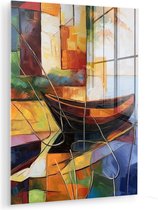 MuchoWow® Glasschilderij 90x120 cm - Schilderij acrylglas - Abstract - Kunst - Boot - Kleuren - Foto op glas - Muurdecoratie woonkamer - Wanddecoratie slaapkamer - Schilderijen