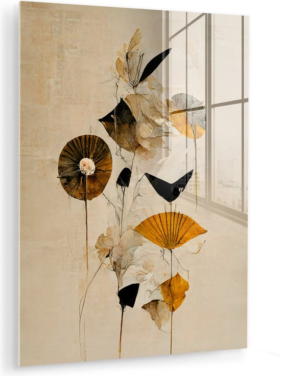 MuchoWow® Peinture sur verre 60x80 cm - Peinture sur verre acrylique - Fleurs - Vintage - Plantes - Or - Photo sur verre - Peintures