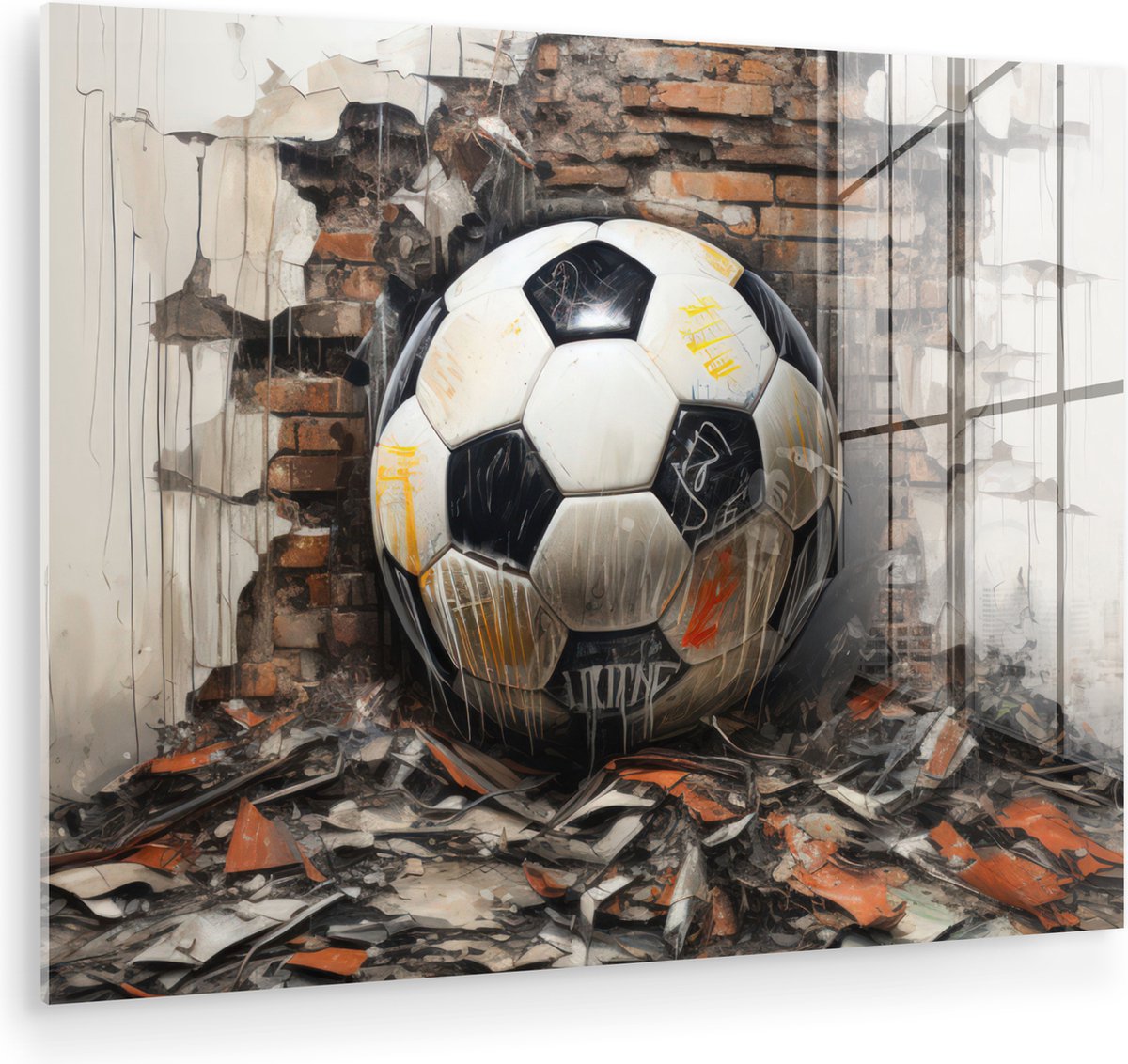 MuchoWow® Glasschilderij 40x30 cm - Schilderij acrylglas - Voetbal - Muur - Zwart - Wit - Foto op glas - Muurdecoratie woonkamer - Wanddecoratie slaapkamer - Schilderijen