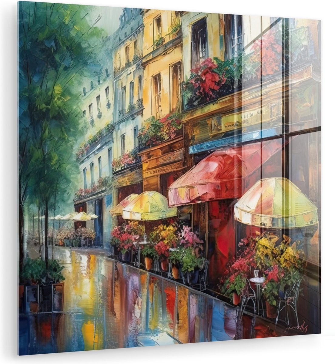 MuchoWow® Glasschilderij 20x20 cm - Schilderij acrylglas - Straat - Olieverf - Kleurrijk - Stad - Foto op glas - Muurdecoratie woonkamer - Wanddecoratie slaapkamer - Schilderijen