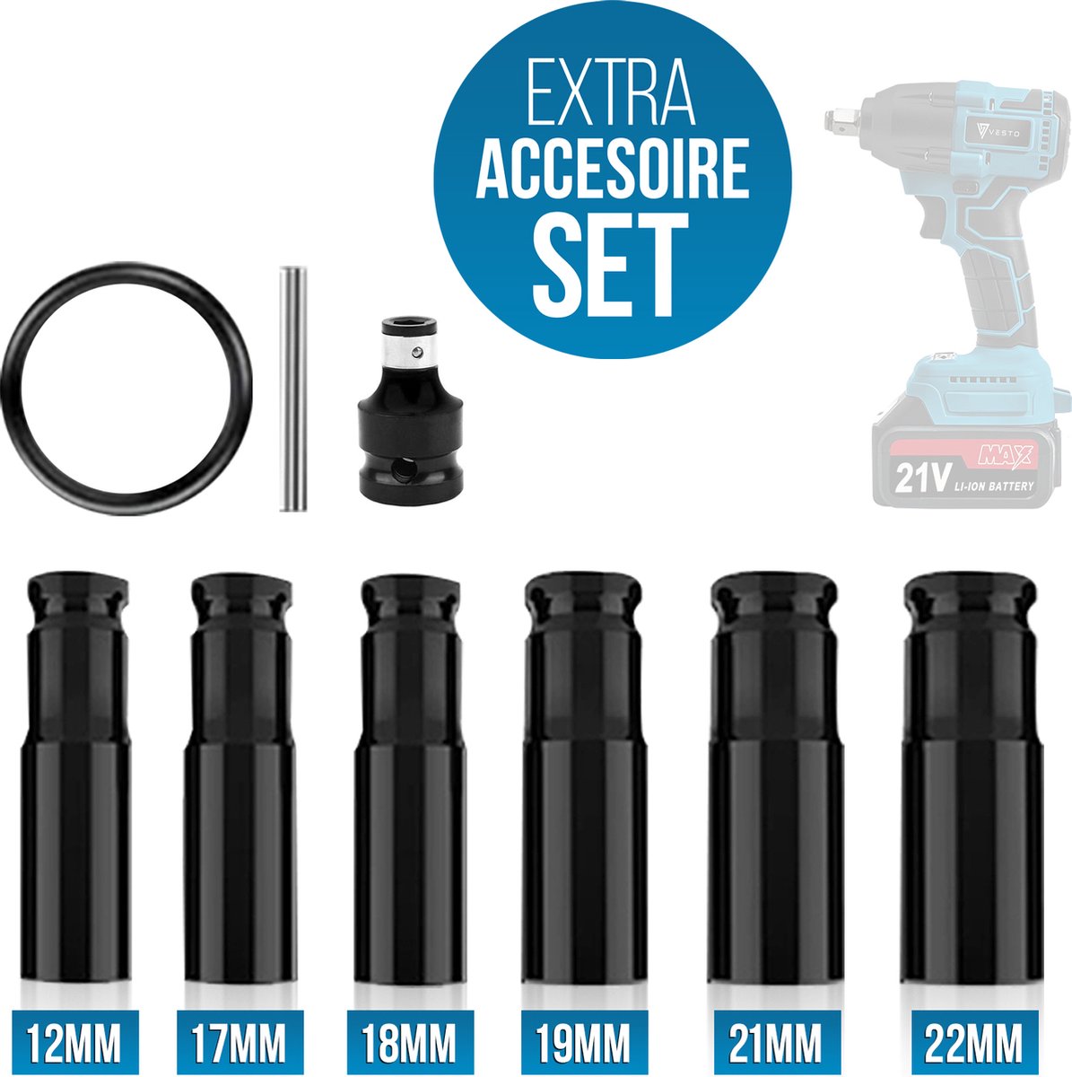 Vesto® Navullingset voor Accu Slagmoersleutel - Accesoire set voor Vesto® Slagmoersleutel - 6x Moerdop - 1x Borgring en Borgpen - 1x Bitadapter
