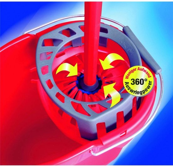 Rode Vileda emmer met spin-systeem en gele pijlen die 360° beweging aangeven.