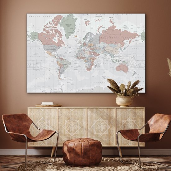 Décoration murale Métal - Aluminium - Wereldkaart - Vintage - Pastel - 150x100 cm