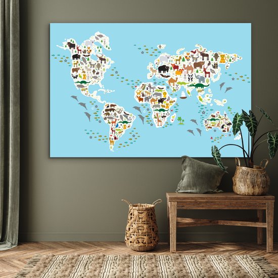 Décoration murale Métal - Peinture Aluminium - Wereldkaart - Enfants - Couleurs - Animaux - 180x120 cm