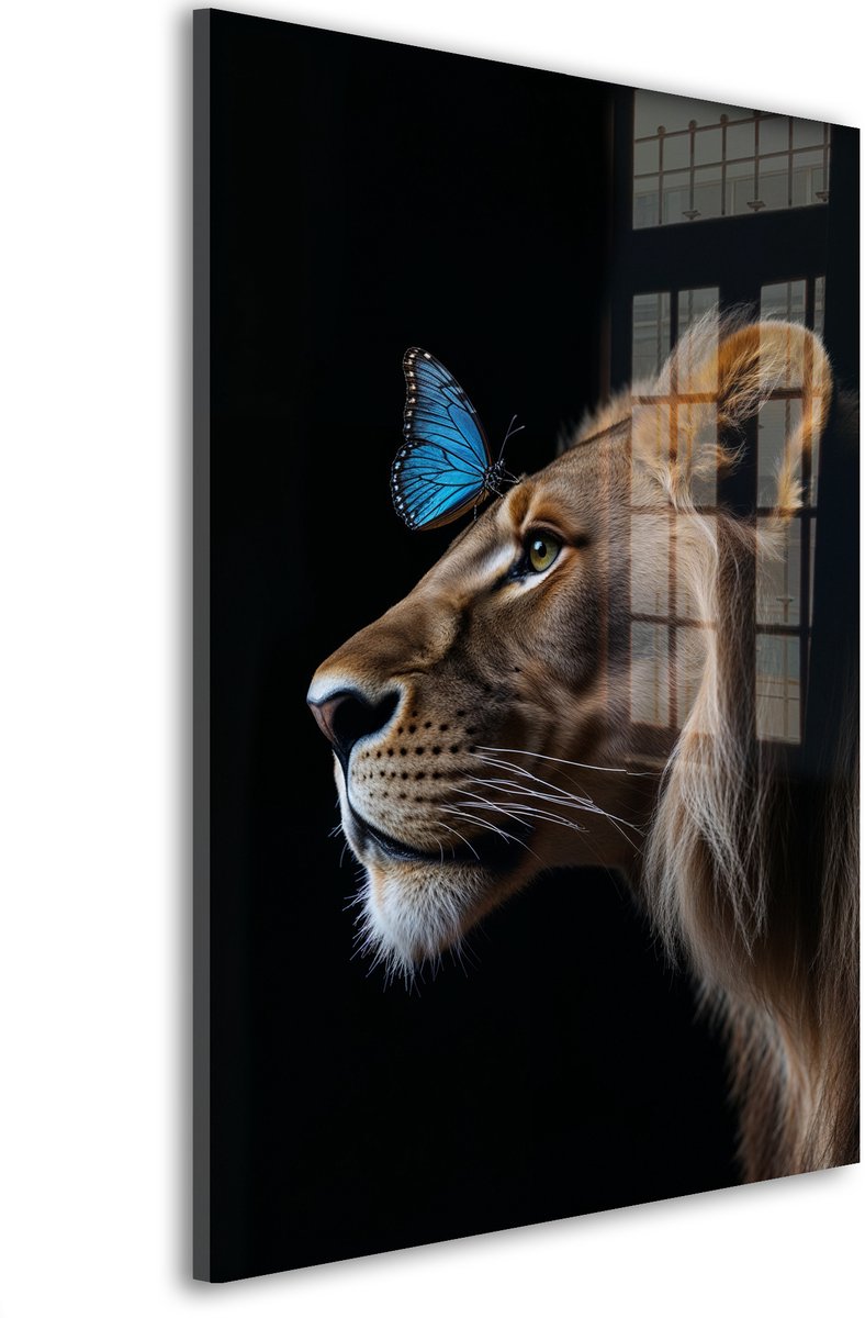 Glasschilderij Majestueuze stille ontmoeting - 30 x 20 cm - Leeuw - Dierenhoofden - Acrylaat - Inclusief wandbevestiging - Foto op plexiglas - Wanddecoratie woonkamer