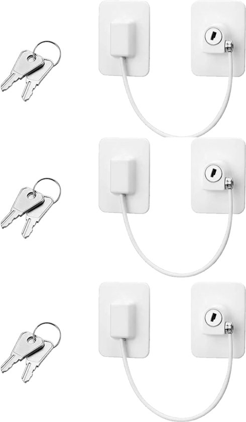 Serrure de sécurité pour fenêtre - 3 pièces - Blanc - Sans perçage - Autocollant - Protection pour armoire pour enfants - Avec clé - Câble de Sécurité pour enfants - Serrure de réfrigérateur